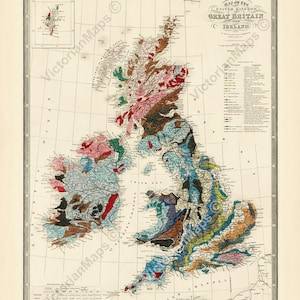 stara antyczna mapa geologiczna epoki wiktoriańskiej Wielka Brytania Wielka Brytania i Irlandia Wyspy Brytyjskie J. Wyld 1844 plakat artystyczny wydruk geologia najlepszy prezent geolog
