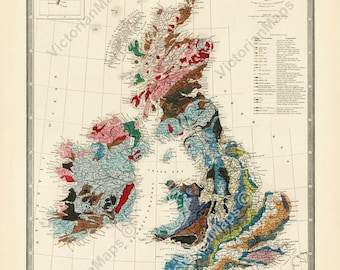 old antique Victorian Geological Map the UK Great Britain & Ireland British Isles J. Wyld 1844 art print poster geology best gift geologist