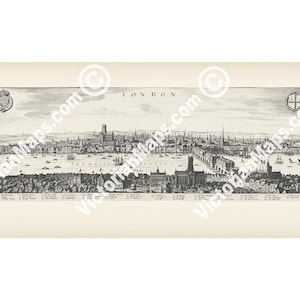 River Thames Old London Bridge antique historical map early plan guide Elizabethan panoramic view Merian 1638 art print poster gift England