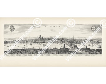 River Thames Old London Bridge antique historical map early plan guide Elizabethan panoramic view Merian 1638 art print poster gift England