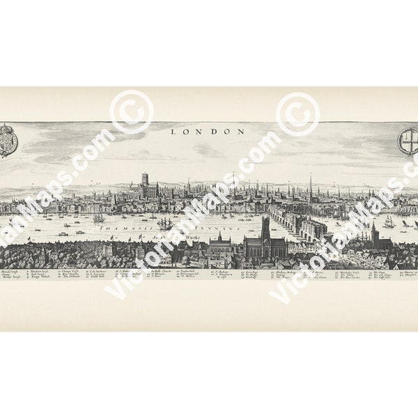 River Thames Old London Bridge antique historical map early plan guide Elizabethan panoramic view Merian 1638 art print poster gift England