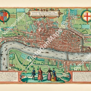 antique map early guide Tudor plan Elizabethan LONDON Londinum Feracissimi Metropolis Braun Hogenberg 1572 art print poster gift souvenir