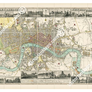 Nuevo mapa de Londres antiguos monumentos pictóricos antiguos Plan georgiano Langley & Belch 1812 XL cartel impreso presente regalo Gran Bretaña Inglaterra Támesis