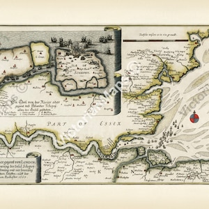 Thames river estuary London Sheppey Isle Kent Essex naval battles antique old early map Merian 1667 art print poster gift present England UK