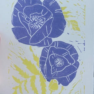 Lavender Poppy Linocut Print: Cottagecore Wildflower Art