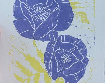 Lavender Poppy Linocut Print Original Hand Pulled Floral Block Print Wall Art