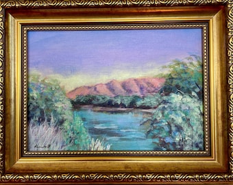 Peinture de paysage Rio Grande Nouveau-Mexique encadrée Art du sud-ouest