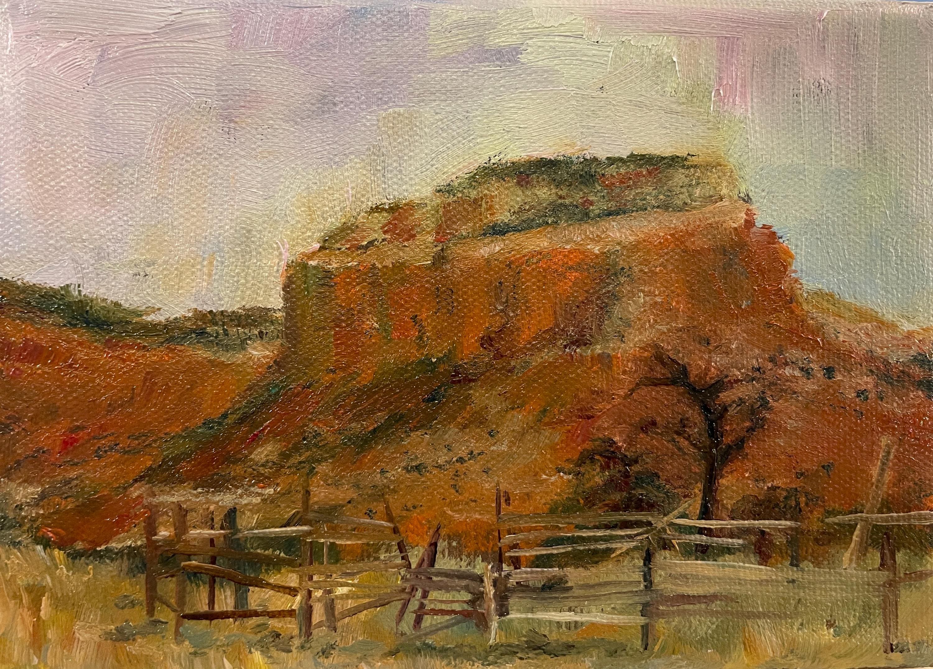 Peinture de paysage Ghost Ranch NM – huile originale 5 x 7 des falaises du Nouveau-Mexique, art mural du désert, déco ranch du sud-ouest