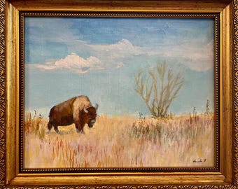 Pintura original de arte popular de un bisonte, 8x10 pulgadas, enmarcada, paisaje de pradera de búfalos.