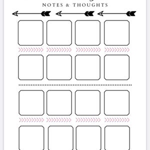 Könnte beinhalten: Druckbare Planerseite mit dem Text "What a Great Day This Is" und "Notes & Thoughts". Die Seite ist in 12 leere Kästchen mit schwarzen Rändern unterteilt. Die Kästchen sind in drei Reihen mit jeweils vier Kästchen angeordnet. Zwischen den Reihen der Kästchen befinden sich dekorative Pfeile und Linien.