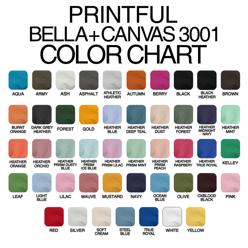 Pode incluir: Carta de cores para as t-shirts Bella + Canvas 3001, mostrando uma variedade de cores, incluindo &aacute;gua, ex&eacute;rcito, cinza, asfalto, cinza atl&eacute;tico, outono, baga, preto, cinza preto, marrom, laranja queimado, cinza escuro, floresta, ouro, azul cinza, cinza azul escuro, cinza p&oacute;, cinza floresta, cinza azul meia-noite, cinza menta, cinza laranja, cinza orqu&iacute;dea, cinza azul empoeirado, cinza azul gelo, cinza lil&aacute;s, cinza menta, cinza p&ecirc;ssego, cinza framboesa, cinza azul royal, kelley, folha, azul claro, lil&aacute;s, malva, mostarda, azul marinho, azul oceano, oliva, preto sangue, rosa, vermelho, prata, creme suave, azul a&ccedil;o, azul royal, branco e amarelo.