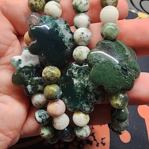 YOU PICK | Moss Agate 8mm Bracelet with Moss Agate Flower Bead Accent | Natural Crystal Bracelet | 7.5&quot; Stretch Bracelet | Stocking Stuffers