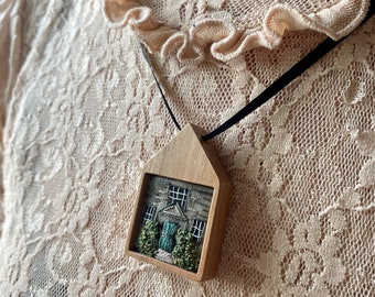 Orchard House Pendant / Little Women Collection / Hand Embroidered Wooden Necklace