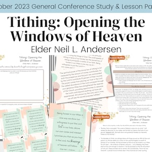 Op de afbeelding: Een printbare studiegids en lespakket voor een religieuze conferentie over tienden. De titel is "Tiende: De ramen van de hemel openen" en de spreker is Elder Neil L. Andersen. Het pakket bevat citaten, lesoverzichten en studievragen.
