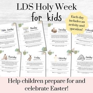 Puede incluir: Un conjunto de ocho tarjetas imprimibles para la Semana Santa SUD para niños. Cada tarjeta presenta un día de la semana, referencias bíblicas, actividades y preguntas. Las tarjetas están decoradas con detalles verdes y beige y el texto "LDS Holy Week for kids".