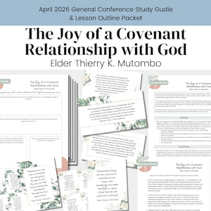 Op de afbeelding: Een verzameling gedrukte studiehandleidingen en lesoverzichten getiteld "The Joy of a Covenant Relationship with God" door Elder Thierry K. Mutombo. De gidsen bevatten tekst en bloemaccenten, ontworpen voor educatieve doeleinden.
