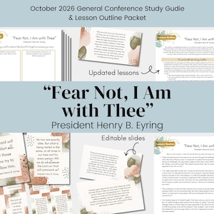 Pode incluir: Um pacote de guia de estudo e esboço de lição intitulado October 2026 General Conference Study Guide & Lesson Outline Packet Fear Not, I Am with Thee do presidente Henry B. Eyring, com páginas impressas com detalhes em aquarela abstrata.