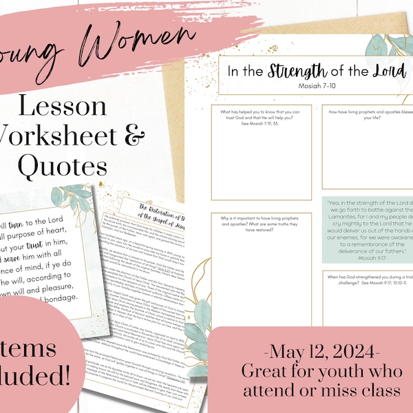 In the Strength of the Lord- YW Lesson May 12th- Young Women Lesson Worksheet- Mosiah 7-10- YW Handouts- Come Follow Me 2024- Digital