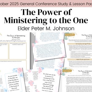 Może przedstawiać: Pakiet do nauki i lekcji na Konferencję Generalną w październiku 2025 r., zatytułowany "Moc służenia Jednemu" autorstwa Starszego Petera M. Johnsona. Pakiet zawiera przewodniki do nauki, konspekty lekcji i cytaty z motywami kwiatowymi.