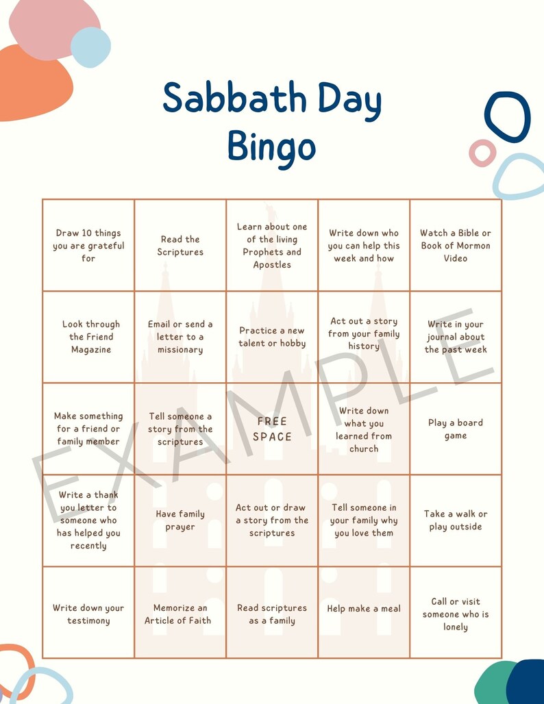 LDS Sabbath Day Bingo Cards for Kids- Digital Download- Printable - Etsy