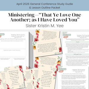 Peut inclure: Un ensemble de guides d'étude et de plans de cours imprimés. Le texte comprend "Ministering - That Ye Love One Another; as I Have Loved You" et "Sister Kristin M. Yee." Les guides présentent des motifs floraux et sont conçus pour l'étude.