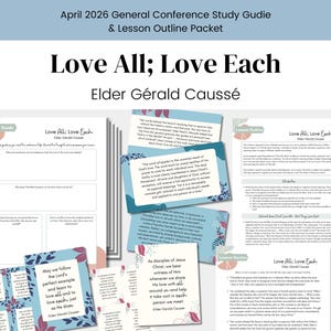 May include: A collection of printed study guides and lesson outlines. The title "Love All; Love Each" is displayed in large, bold text, with the author's name below. The guides feature text and illustrations, with a color palette of blue, pink, and white.