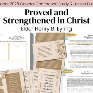 Może przedstawiać: Zestaw przewodników do nauki i pakietów lekcji zatytułowanych "Proved and Strengthened in Christ" autorstwa Eldera Henry'ego B. Eyringa. Materiały zawierają tekst i ilustracje kwiatowe w neutralnej palecie kolorów, przeznaczone do studiów religijnych.
