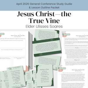以下が含まれることがあります： 印刷された学習ガイドとレッスン概要のコレクション。タイトル「Jesus Christ - the True Vine」が目立ち、著者の名前であるElder Ulisses Soaresも表示されています。ガイドにはテキストとグラフィックが含まれており、学習と考察を目的としています。