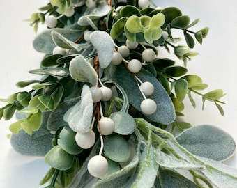 Eucalyptus and Lambs Ear garland with white berries, spring Summer wedding, mantel, Table centerpiece, outdoor, farmhouse Wall hangings