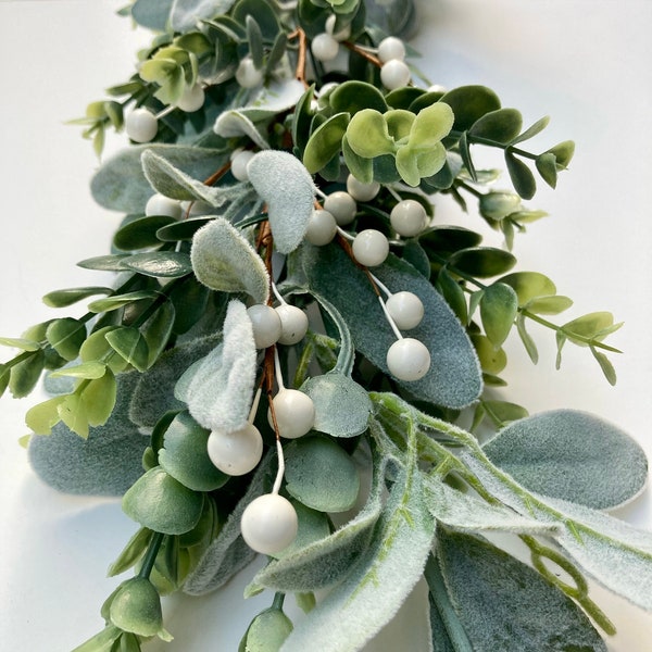 Eucalyptus and Lambs Ear garland with white berries, spring Summer wedding, mantel, Table centerpiece, outdoor, farmhouse Wall hangings