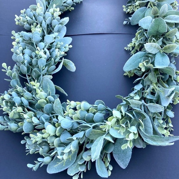 Fall Eucalyptus & Lambs Ear Garland, Mantel, Wedding Table decor, Faux everyday Greenery, Farmhouse decor, Eucalyptus, Lambs Ear, Wreath