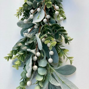 Eucalyptus and Lambs Ear garland, spring berry, Tiered Tray, mantel, Table runner, baby shower, Nursery wall, summer backdrop, wedding