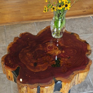 May include: A live edge coffee table with a rich, reddish-brown wood grain surface. The table is supported by black hairpin legs. A glass vase holds a bouquet of yellow flowers with black centers, adding a natural touch to the decor.