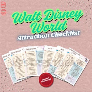 以下が含まれることがあります： ウォルト・ディズニー・ワールドのアトラクションチェックリストの印刷可能なコレクション。「ウォルト・ディズニー・ワールド・アトラクション・チェックリスト」というタイトルは緑色のスクリプトで書かれています。アニマルキングダム、マジックキングダム、エプコット、ディズニー・ハリウッド・スタジオのチェックリストが表示されています。