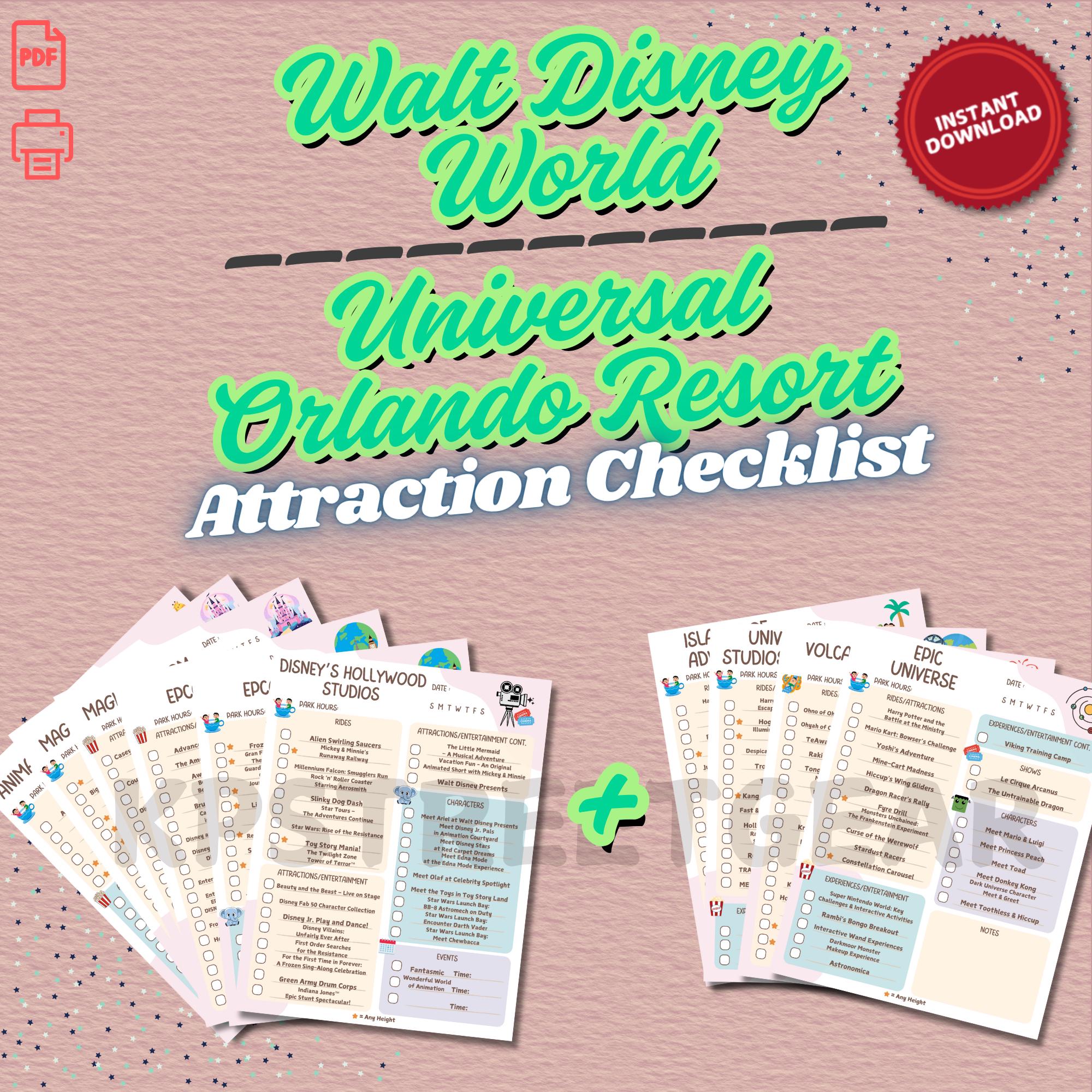 2025 WDW + Universal Orlando Resort Ride, Entertainment, & Attraction Checklist Printable Download Walt Disney World Studios Florida