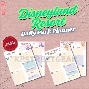 Könnte beinhalten: Druckbarer Disneyland Resort Tages-Parkplaner mit vier Seiten, jede mit einem anderen Park: Disneyland, Disney California Adventure, Disney California Adventure und Disney California Adventure. Jede Seite hat Abschnitte für Parkzeiten, Must-Dos, Must-Eats, Must-Sees und Must-Rides.
