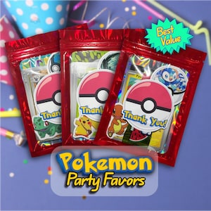 May include: Three red resealable pouches containing trading cards, each featuring a circular sticker with a red and white ball design and the text Thank You. The stickers display various cartoon characters including Bulbasaur, Pikachu, and Charmander.