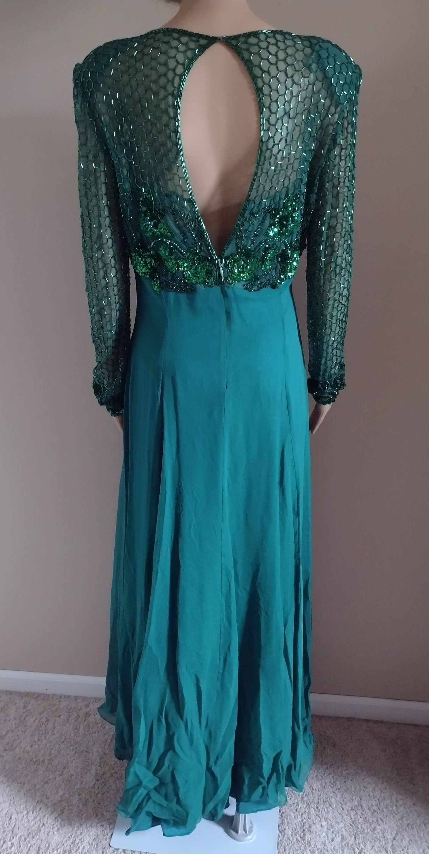 A-line Sparkling Diamond Open-Back Floor-Length Gown Emerald