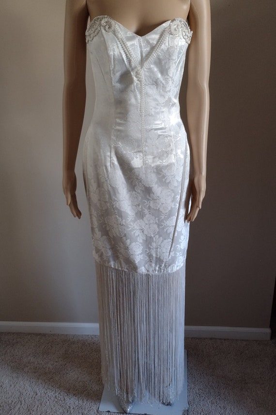 Strapless ivory dress floral brocade with fringe … - image 2