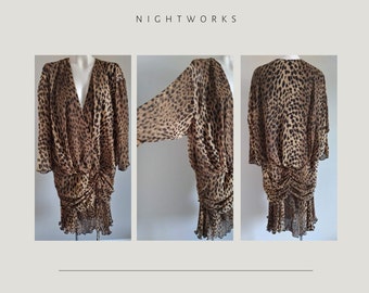 Nightworks Surplice Cheetah print dress vintage 90s drop shoulders drop waist