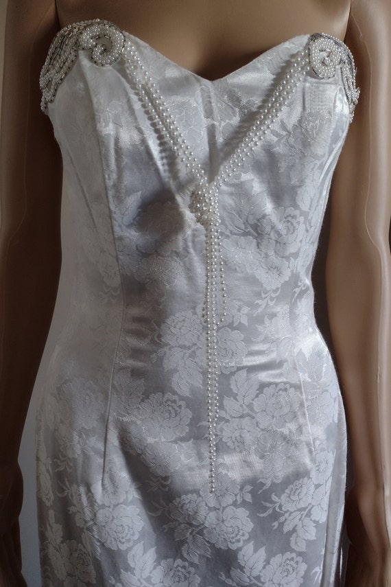 Strapless ivory dress floral brocade with fringe … - image 3