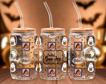 Cute Ghost Libbey Cup PNG with ghosts black cats and Boo-Jee phrase perfect Halloween ghost design for fall tumblers 16 oz