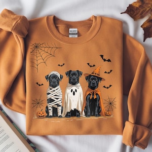 May include: Orange sweatshirt featuring three black dogs in Halloween costumes: a mummy, a ghost, and a witch. The design includes bats, spiderwebs, and pumpkins. The sweatshirt is a Gildan brand.