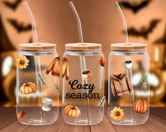 Cozy Season Libbey Cup PNG for sublimation fall tumbler designs and cozy season cup crafts with autumn vibes 16 oz