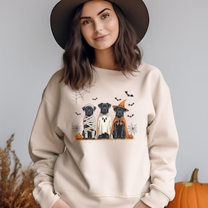May include: Beige sweatshirt featuring a Halloween-themed graphic. The graphic depicts three black Labrador Retrievers dressed as a mummy, ghost, and witch. Bats, spiderwebs, and pumpkins complete the design. A festive and fun apparel item for the spooky season.