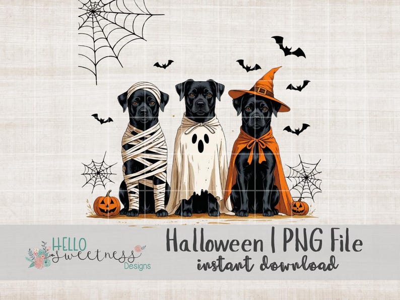 May include: A digital illustration features three black dogs dressed in Halloween costumes. One is wrapped as a mummy, another is a ghost, and the third wears a witch hat and cape. Bats, spiderwebs, and pumpkins complete the spooky scene.