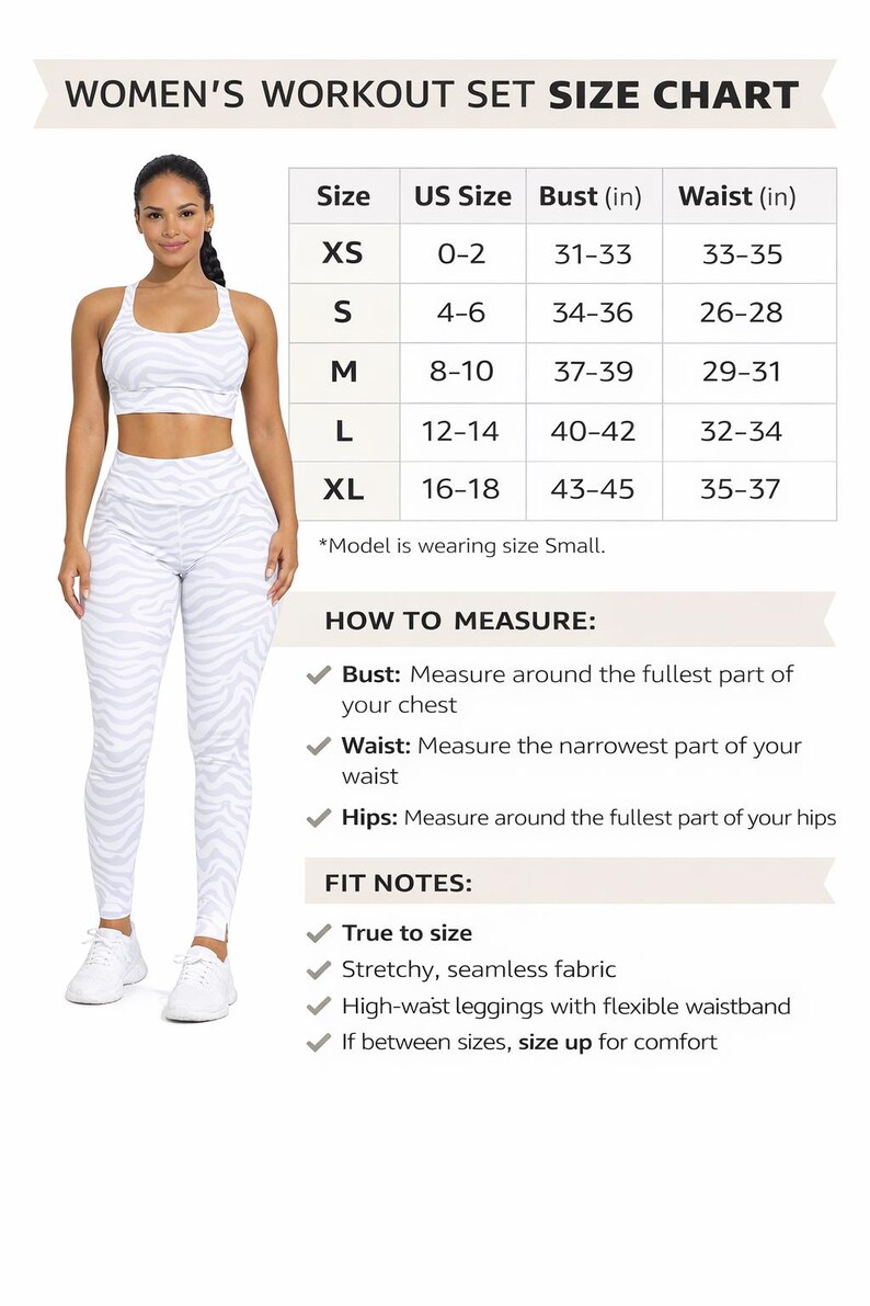 K&ouml;nnte beinhalten: Eine Frau tr&auml;gt ein wei&szlig;es und hellgraues Workout-Set mit Zebrastreifen. Das Bild enth&auml;lt eine Gr&ouml;&szlig;entabelle f&uuml;r das Workout-Set mit Brust- und Taillenma&szlig;en in Zoll. Die Tabelle enth&auml;lt auch Anweisungen zum Messen und Fit-Notizen.