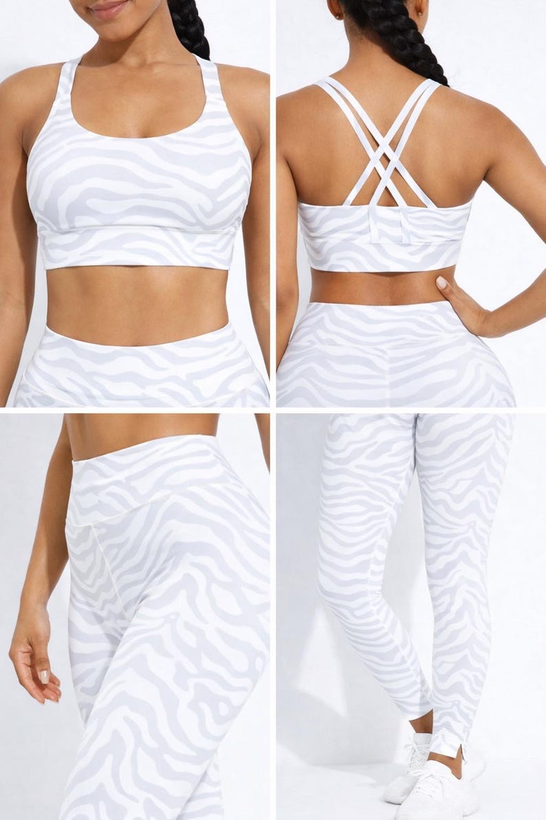 K&ouml;nnte beinhalten: Ein wei&szlig;-graues Sport-BH- und Leggings-Set mit Zebrastreifen. Der Sport-BH hat einen Rundhalsausschnitt und gekreuzte Tr&auml;ger am R&uuml;cken. Die Leggings sind hoch tailliert und haben eine schmale Passform. Die Sportbekleidung ist aus dehnbarem Material.