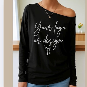Slouchy Graphic Shirt , Personalized Shirt, oversized fit Slouchy, Your text, Plus Size Black Tops, Off Shoulder Long Sleeve Tee, Custom