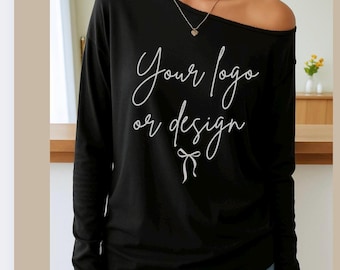 Slouchy Graphic Shirt , Personalized Shirt, oversized fit Slouchy, Your text, Plus Size Black Tops, Off Shoulder Long Sleeve Tee, Custom